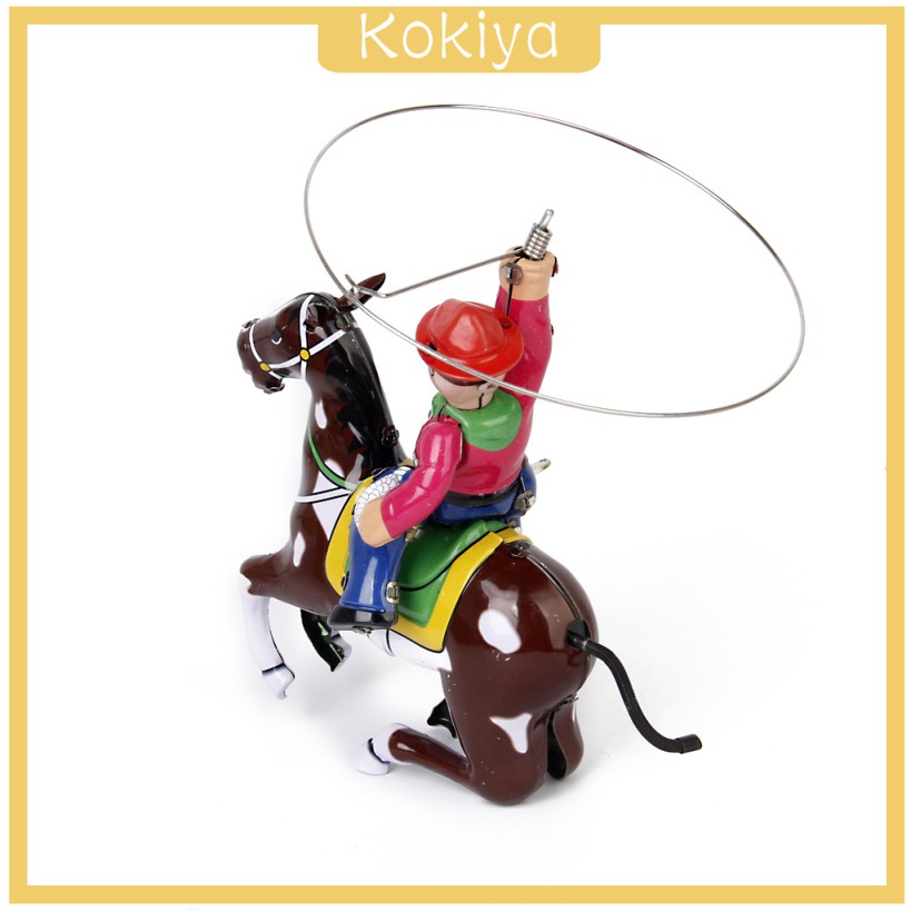 [KOKIYA] Vintage Wind Up Clockwork Tin Toy Cowboy on Horse w/ Whip Lasso Collectible Gift