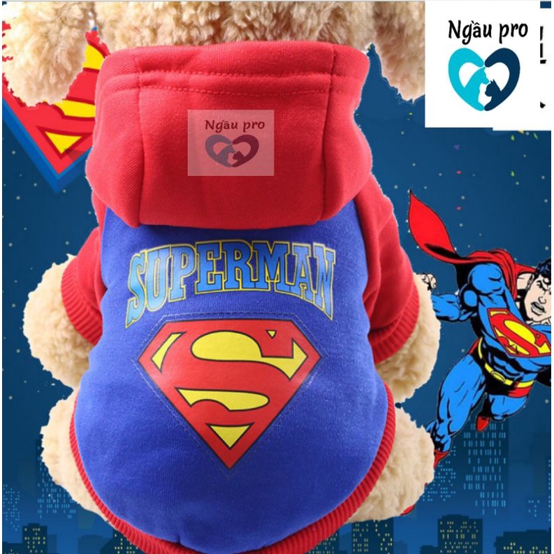 Quần áo thú cưng chó mèo con thu đông chất nỉ dài tay, Áo cho chó poodle nhỏ có mũ in hình siêu nhân dưới 10kg NGAUPET