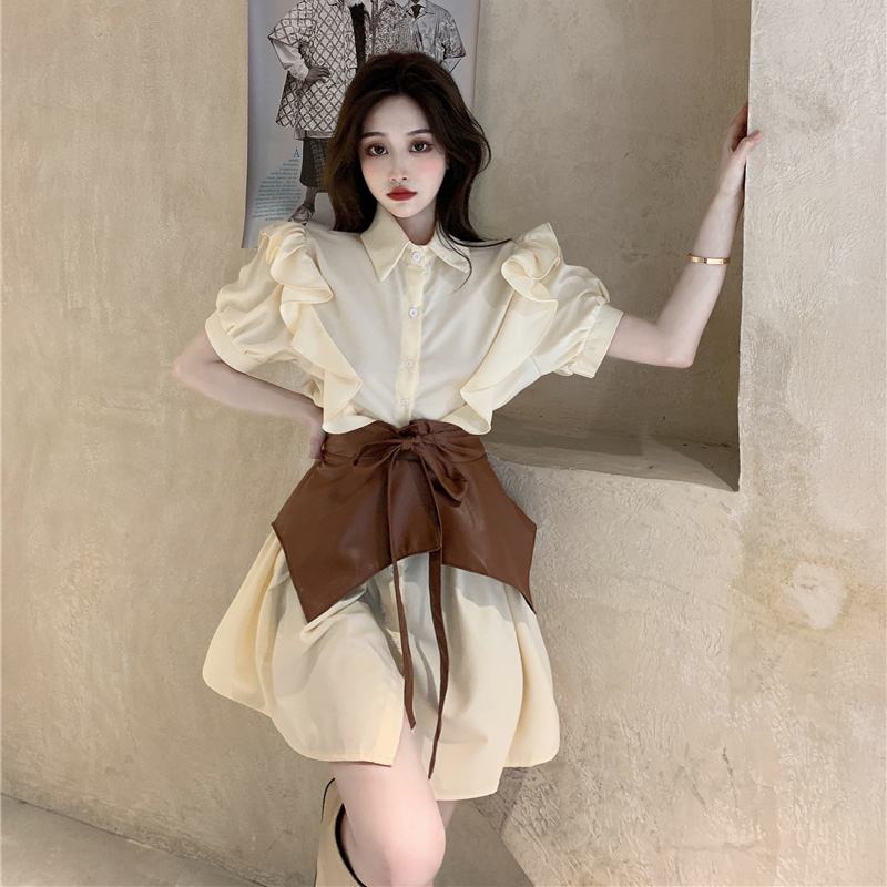 Váy sơ mi ngắn tay cao cấp phong cách cổ điển kèm thắt lưng da (Hàng Quảng Châu Có Sẵn) | BigBuy360 - bigbuy360.vn