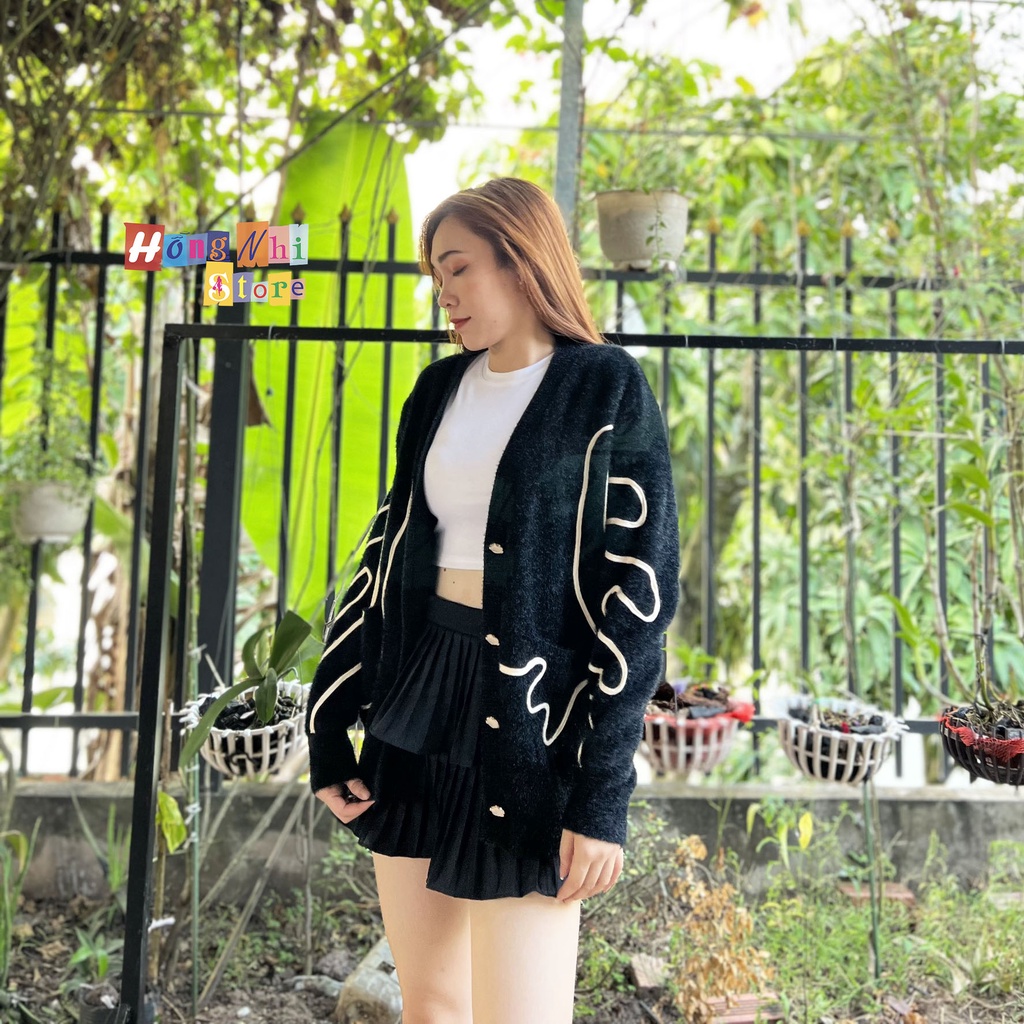 Áo Khoác Cardigan Len Lông Cúc Gài Phối Sọc Dáng Rộng Cao Cấp Ulzzang