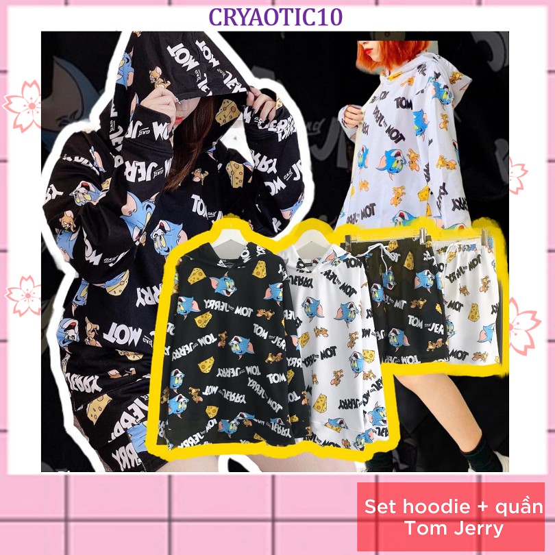 [Kèm hình thật] Set trang phục hoodie tay dài + quần ngắn Tom Jerry cartoon unisex cryaotic10