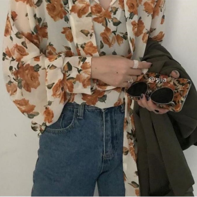 Phụ Nữ Mùa Thu Áo Sơ Mi Hoa Retro Mới Phiên Bản Hàn Quốc Thời Trang Cổ Chữ V Top