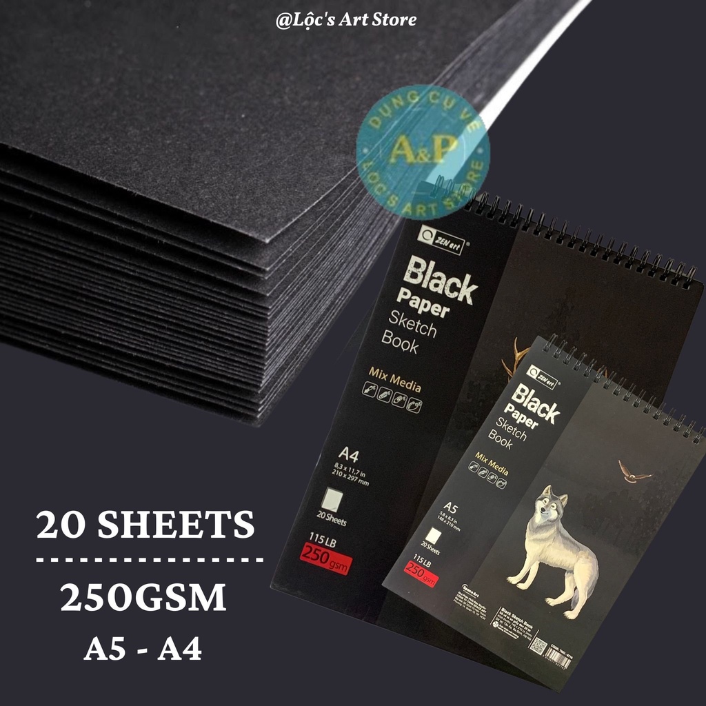 [Lộc's Art Store] Sổ Vẽ Phác Thảo Giấy Đen Gáy Lò Xo ZEN ART - Black Paper Sketch Book ZEN ART (Các Size)