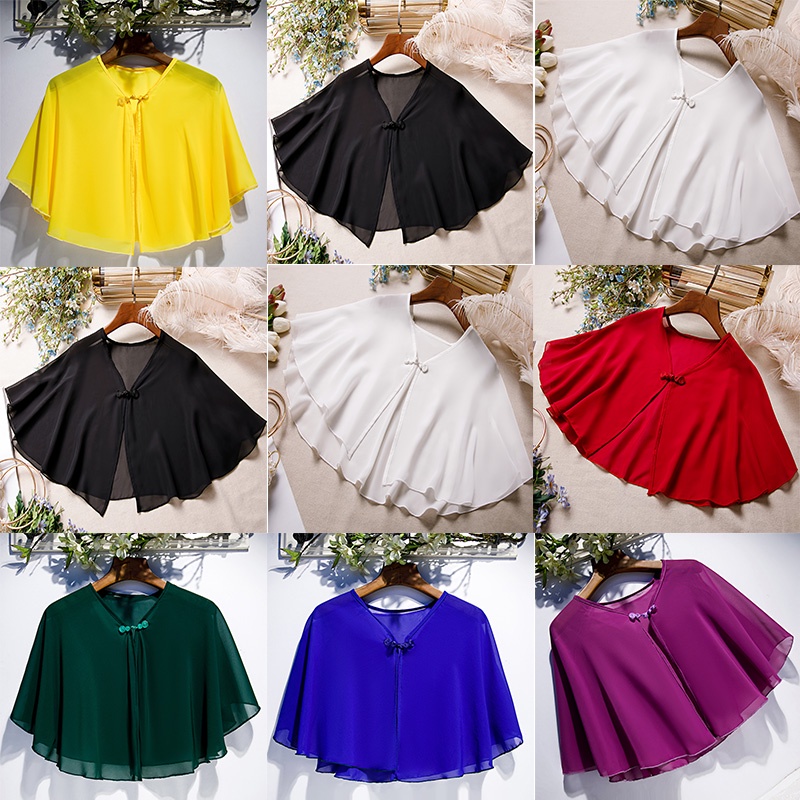 Áo Choàng Chiffon Mỏng Phối Nút Đa Năng Màu Đỏ Đen Tím Hoàng Gia Xanh Hoàng Gia Retro Mùa Hè Cho Cô Dâu