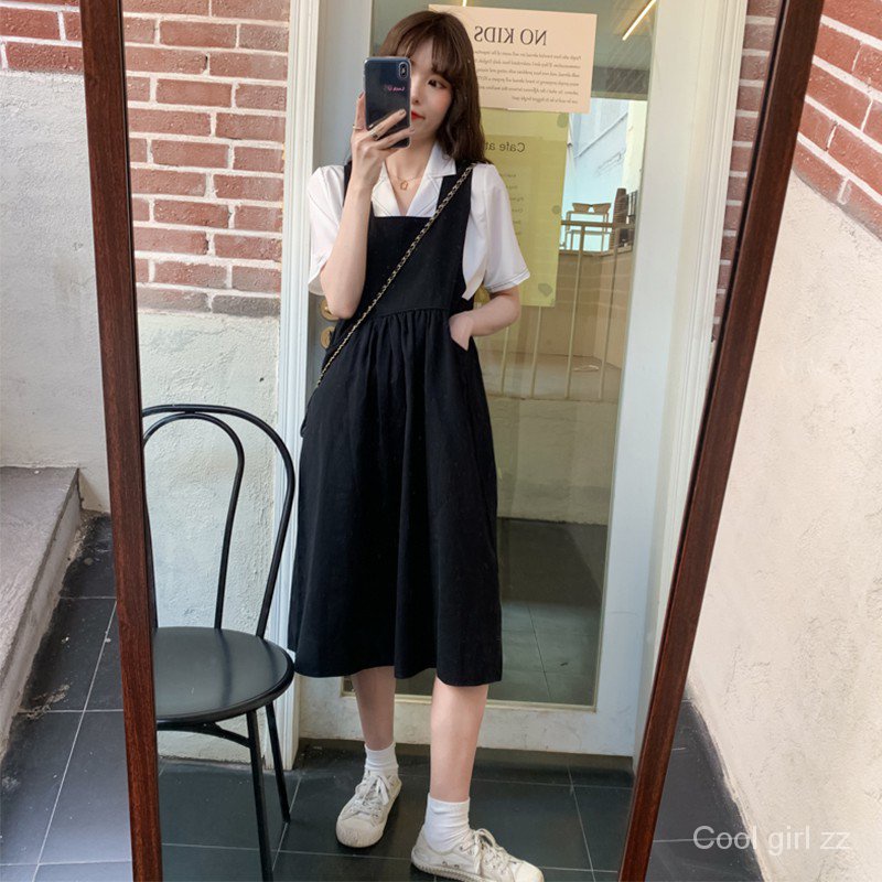 Đầm Yếm Lửng + Áo Sơ Mi Tay Ngắn Dáng Rộng Phong Cách Hàn Quốc Thời Trang Cho Nữ | BigBuy360 - bigbuy360.vn