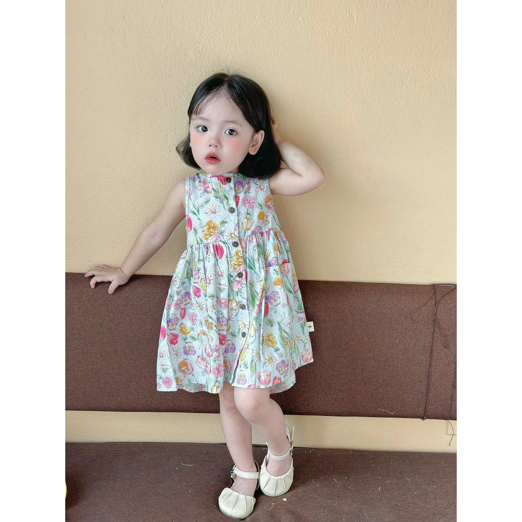 Váy cổ tròn hàng thiết kế vải thô mềm mát cho bé gái từ 8-20kg