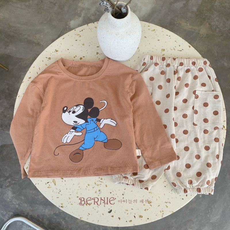 Bộ cotton dài tay thu đông họa tiết Micky, set áo thun quần dài bé gái