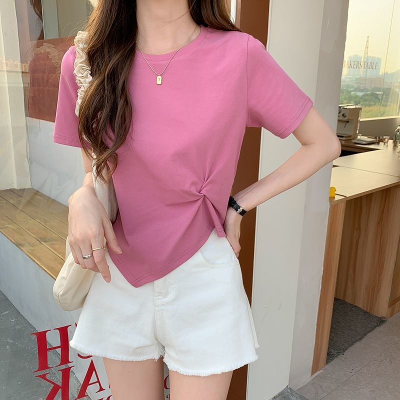 Áo thun SUXI crop top tay ngắn cổ tròn màu trơn thời trang mùa hè cho nữ