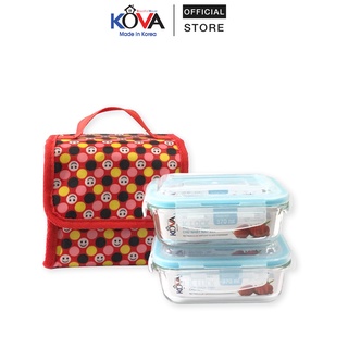 Bộ Hộp Cơm Thủy Tinh Chịu Nhiệt KOVA ( 2x370ml ) Kèm Túi Giữ Nhiệt Màu Đỏ