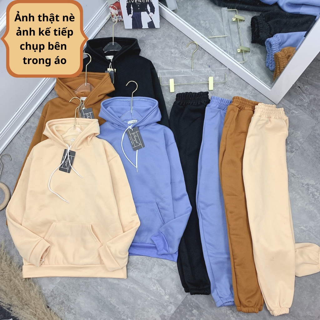 Set hoodie kèm quần jogger - Bộ đồ nỉ bông dày dặn, form rộng Ullzang, không bông xù