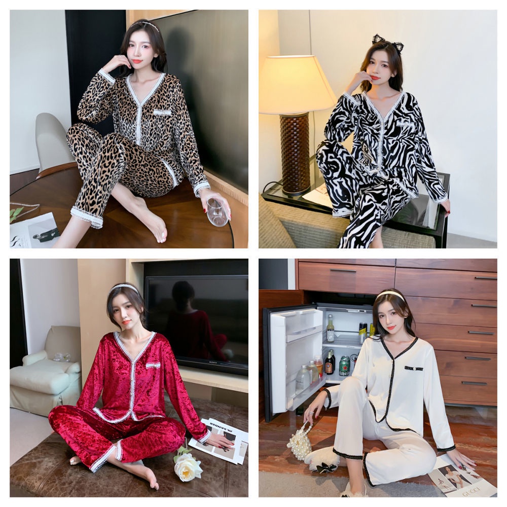 Bộ đồ ngủ tay dài cổ chữ V chất nhung thời trang thu đông mới