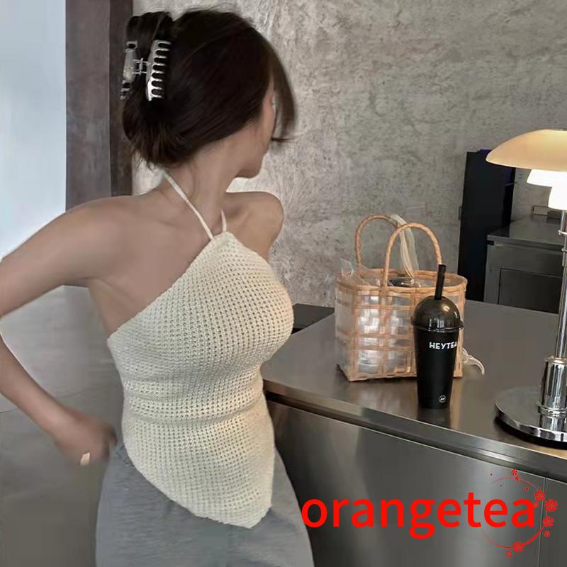 Áo Croptop Dệt Kim Không Tay Hở Lưng Màu Sắc Trơn Cho Nữ