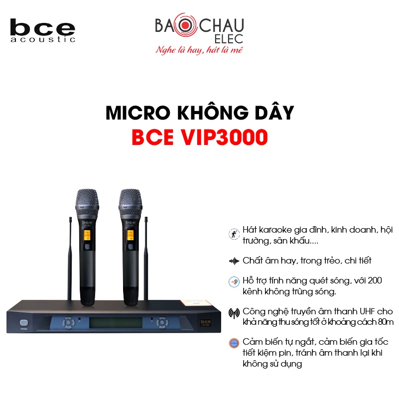 [CHÍNH HÃNG] Micro Karaoke Không Dây BCE VIP 3000 | Hát Karaoke Hay - 2 tay micro không dây + 1 đầu thu - Hát Nhạy