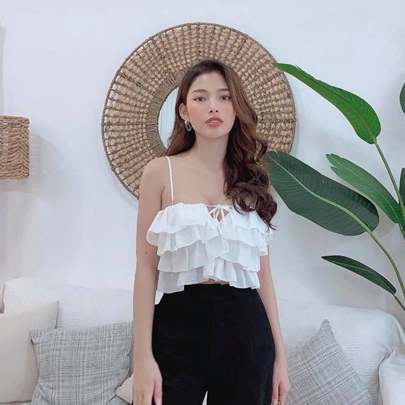 Áo croptop 2 dây hở lưng, Áo 2 dây croptop bèo tầng màu trắng đen