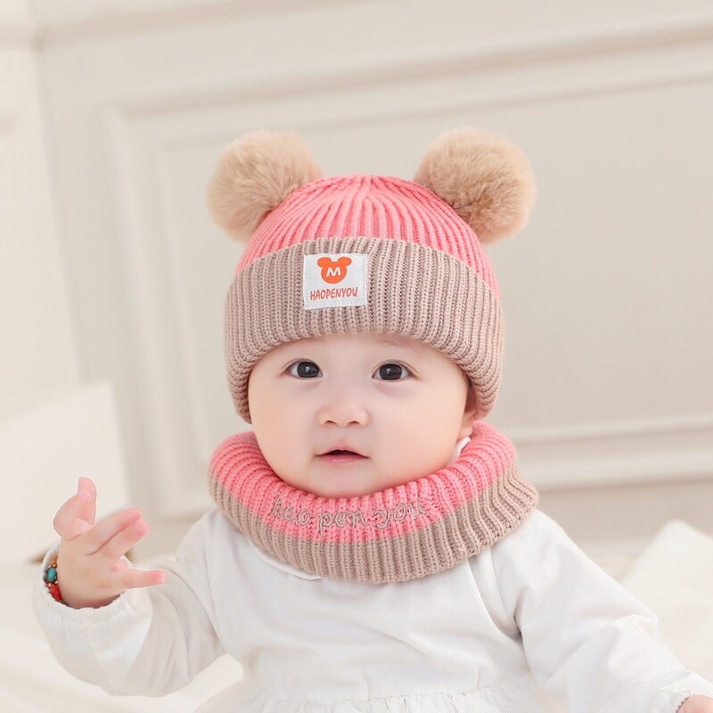 Mũ Len Kèm Khăn Hình Mickey Cho Bé 6-36 tháng