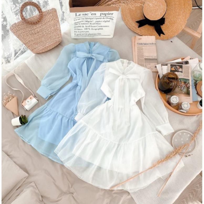 Váy Nữ, Đầm công sở trắng xanh nơ ngực tơ tầng xinh xắn | BigBuy360 - bigbuy360.vn
