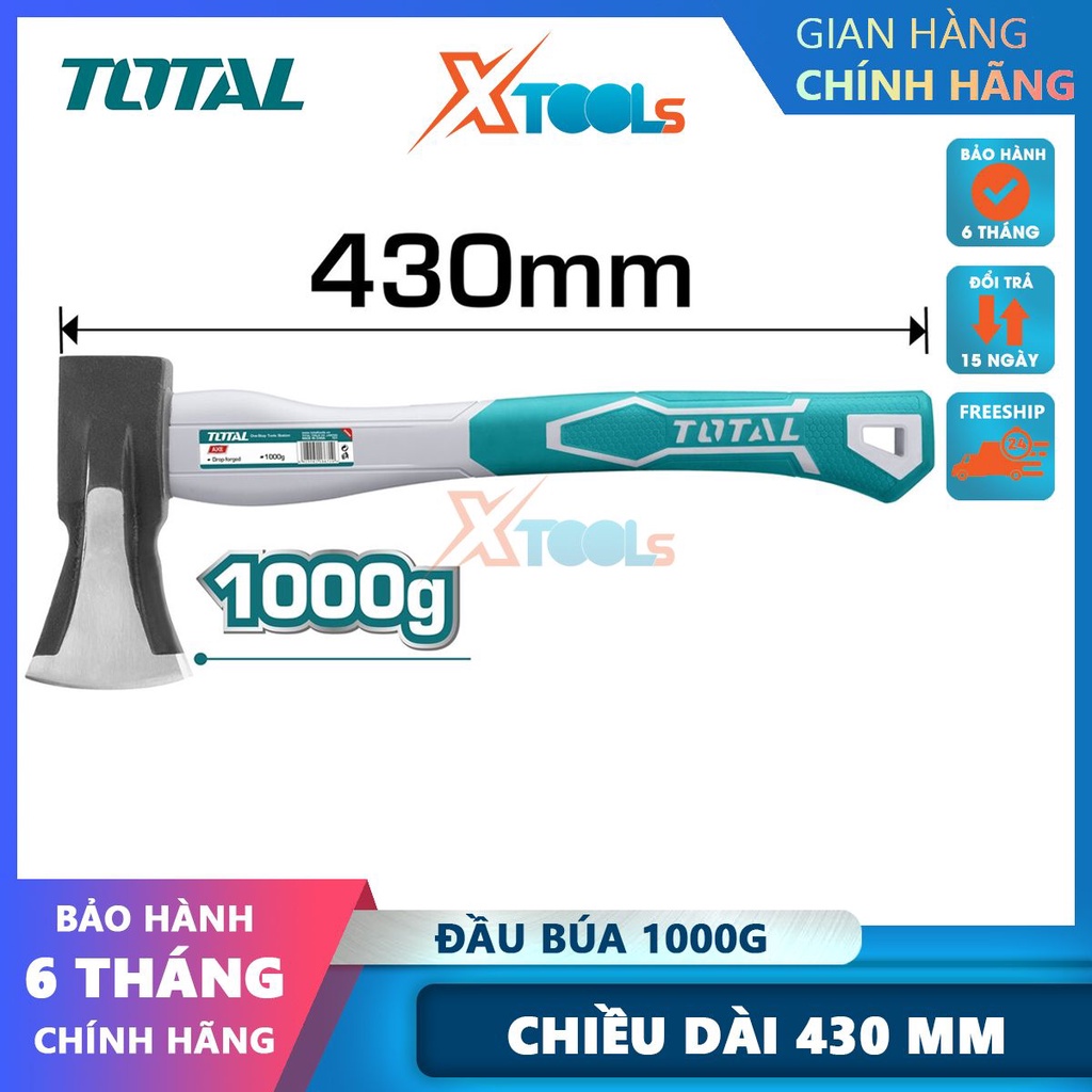 Búa rìu 1000g TOTAL THT798016, búa rìu có trọng lượng 1000g, đầu rìu được rèn thả, xử lý nhiệt, thép-CHÍNH HÃNG-XTOOLS