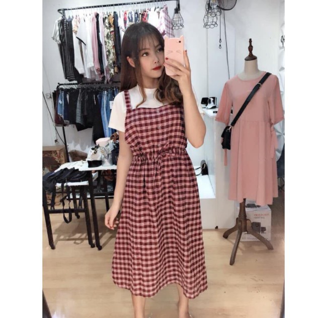 Váy yếm kẻ caro 2 dây có dây buộc eo / Váy yếm caro babydoll bánh bèo tiểu thư siêu xinh | BigBuy360 - bigbuy360.vn