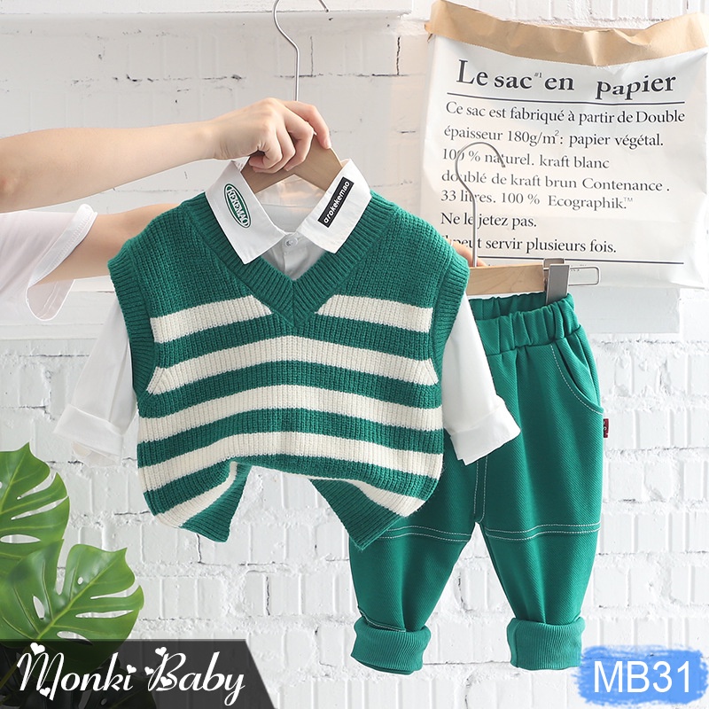 Set 3 chi tiết bé trai mùa thu đông, áo gile len mix sơ mi trắng cùng quần nỉ, đồ bộ lịch lãm nam tính cho bé | MB31