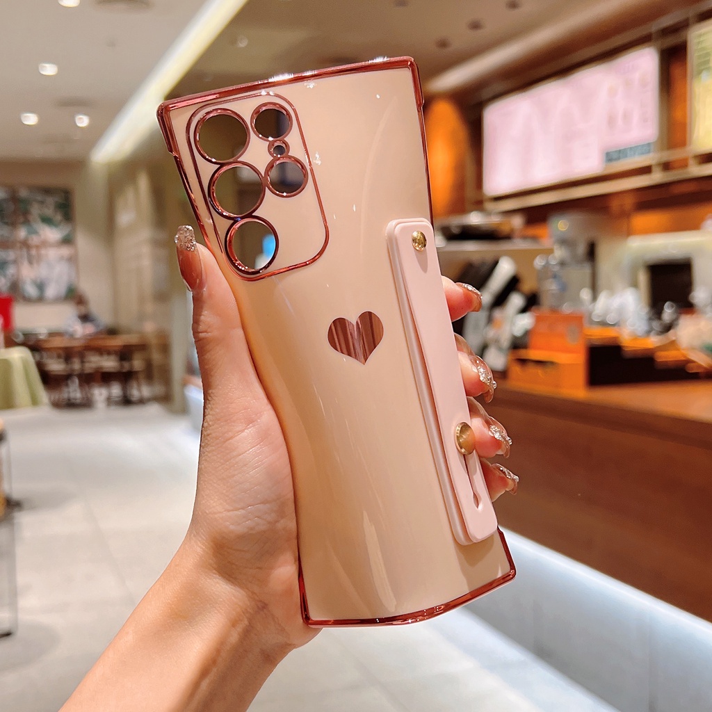Ốp Điện Thoại Vuông Mềm Hình Trái Tim Dễ Thương Có Dây Đeo Cổ Tay Cho Samsung Galaxy A53 A13 A52 A12 5G S21 S22 Ultra Plus S21FE S20FE