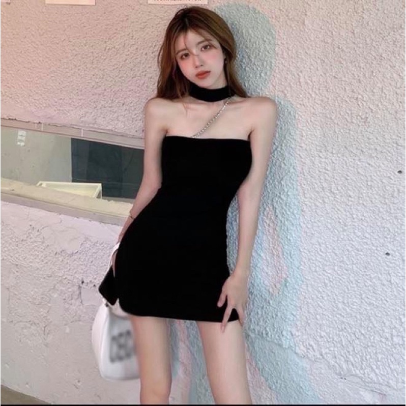 Đầm ống kiểu ngắn nữ ôm sát body cúp ngực phối dây yếm trơn - Order taobao quảng châu