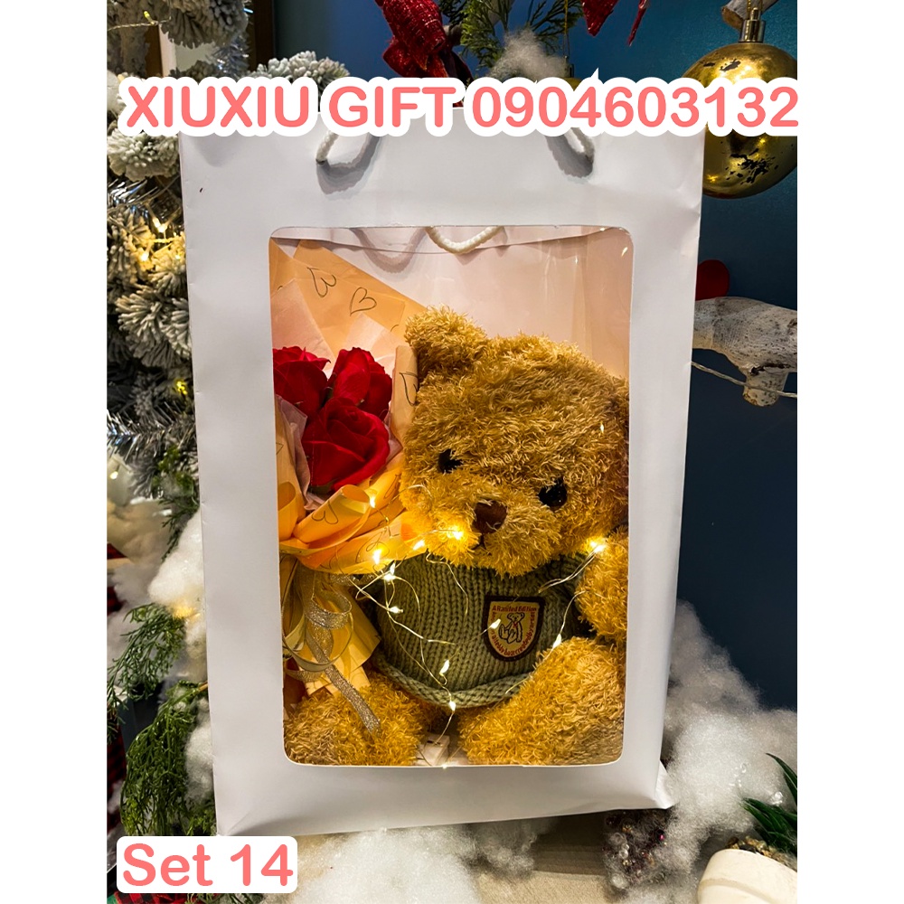 Set Quà Tặng Gấu Teddy Lông Xù Cute và Bó Hoa Sáp 1 Bông, Kèm Thiệp, Đèn LED và Túi, Quà Tặng 8/3 Valentine, Giáng Sinh