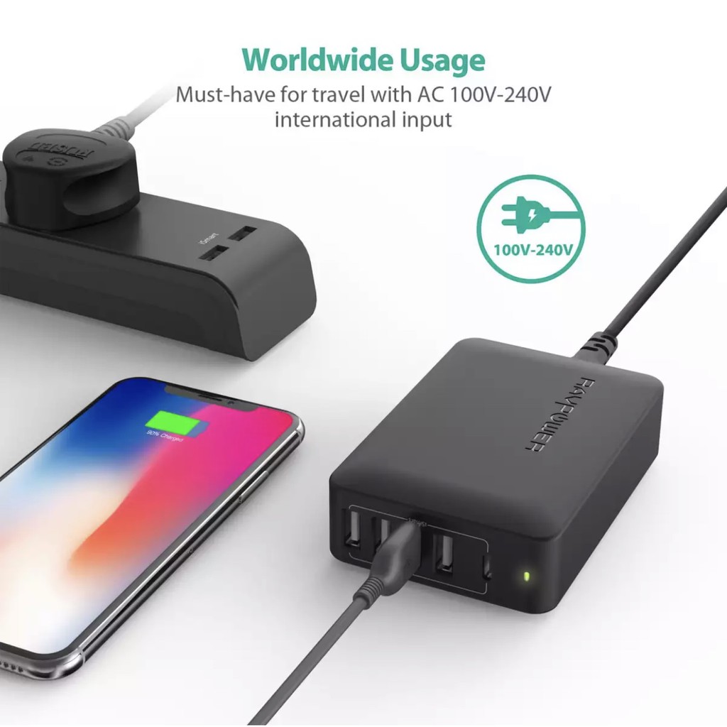 Củ Sạc Macbook, iPad Pro, iPhone 12 RAVPOWER RP-PC059 PD 60W (01 USB-C PD 45W &amp; 04 USB-A iSmart 2.0)