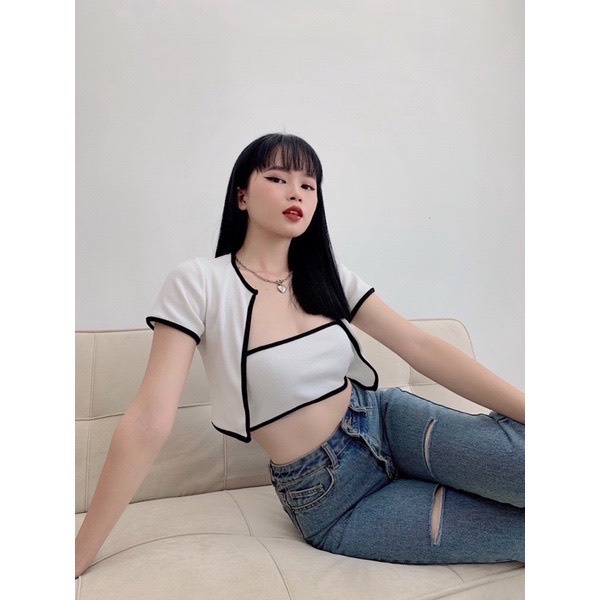 Set Áo ống áo croptop Khoác Ngoài Viền, bộ áo quây tay ngắn 2 món