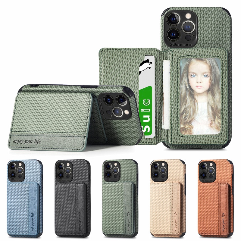 Ốp Điện Thoại Kèm Ngăn Đựng Thẻ Bằng Sợi Carbon Cho iPhone 13 12 Mini Pro Max