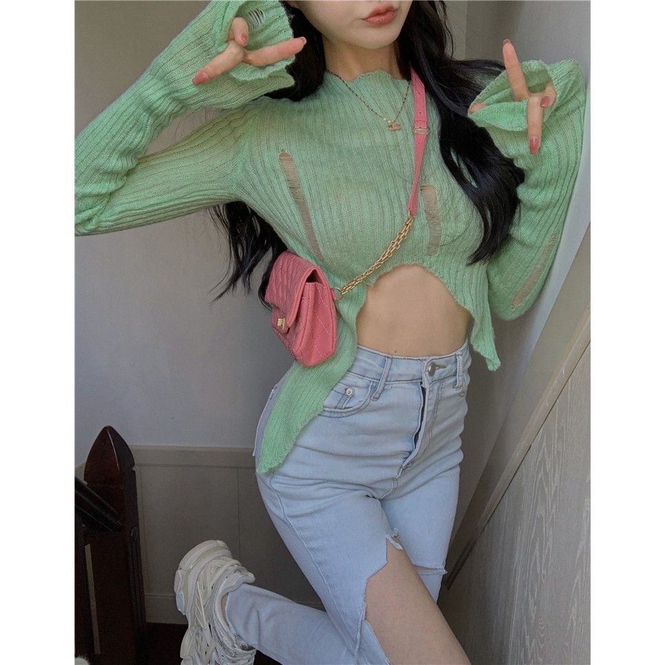 Áo Croptop Dệt Kim Tay Dài Chống Nắng Thiết Kế Thời Trang Cho Nữ