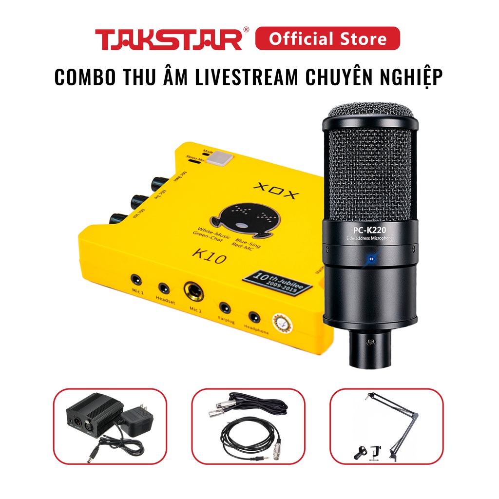 Bộ Mic Livestream Chính Hãng Đầy Đủ Mic Takstar PC-K220, Sound Card K10 XOX, Nguồn 48V & Phụ Kiện Cao Cấp Bảo Hành 1 Năm
