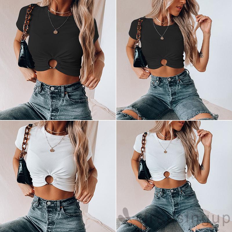 Áo Thun Tay Ngắn Cổ Tròn Màu Sắc Đơn Giản Thời Trang Dành Cho Nữ