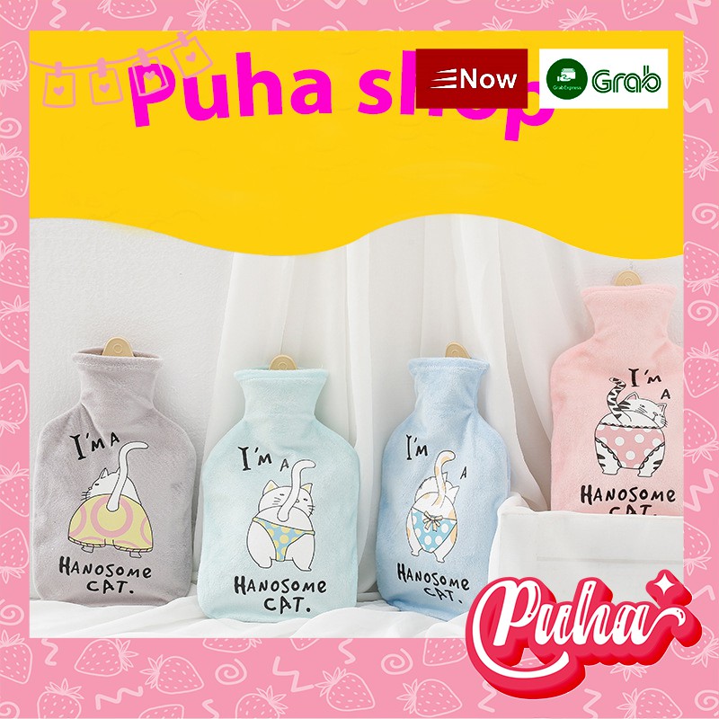 Túi chườm nóng bụng kinh Puha 1000ml, sưởi ấm tay chân, chườm nóng lạnh đa năng, pink cat