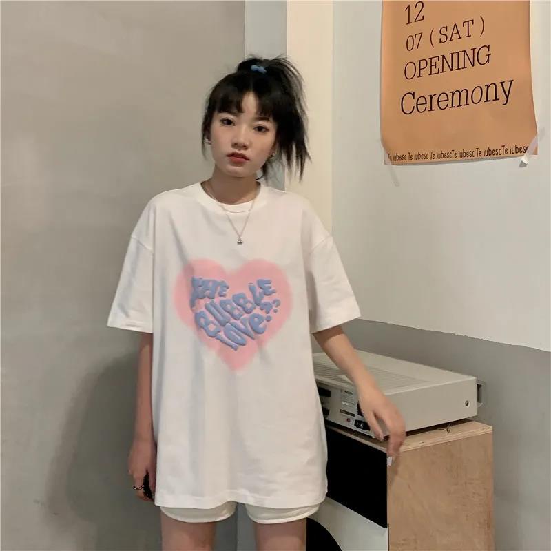 100% cotton Áo thun tay ngắn dáng rộng in hình trái tim phong cách hàn quốc đáng yêu thời trang mùa hè mới cho nữ 2023