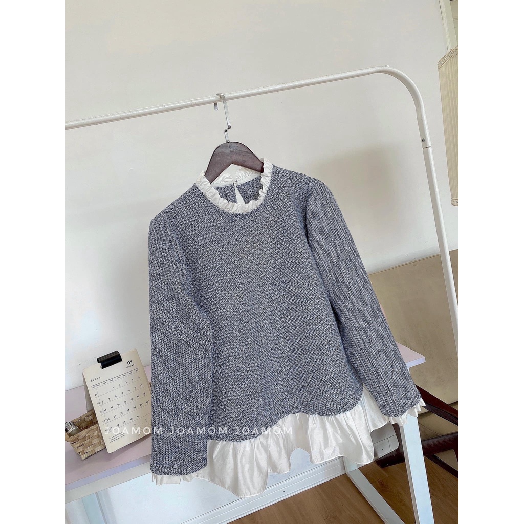 Áo sơ mi bầu dạ phỗi bèo cách điệu Joamom Ab126