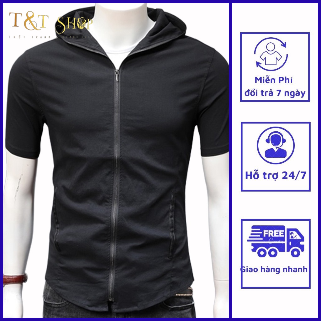 Áo hoodie cotton mùa hè. áo thun có mũ trùm đầu mỏng phần phối màu đen hợp thời trang có khóa N1