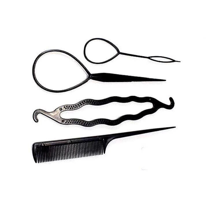 Bộ 4 dụng cụ làm tóc đa năng, gồm 2 dụng cụ búi tỏi lớn và nhỏ, 1 lược,1 kẹp gợn sóng, chất liệu nhựa an toàn