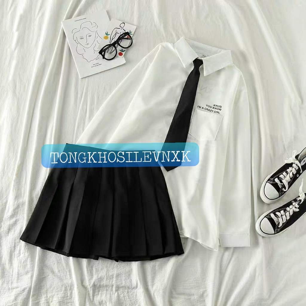Set Áo sơ mi Cavat kèm Chân váy xếp ly khóa kéo hot - hàng mới