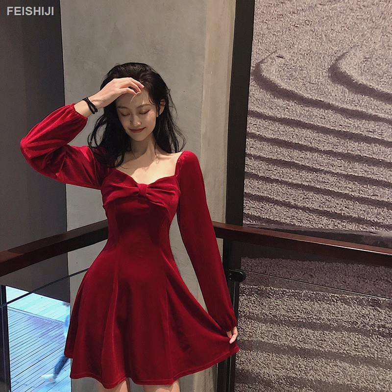 Đầm Nhung Chữ A Tay Dài Cổ Vuông Thắt Nơ Phong Cách Pháp 2019 | BigBuy360 - bigbuy360.vn