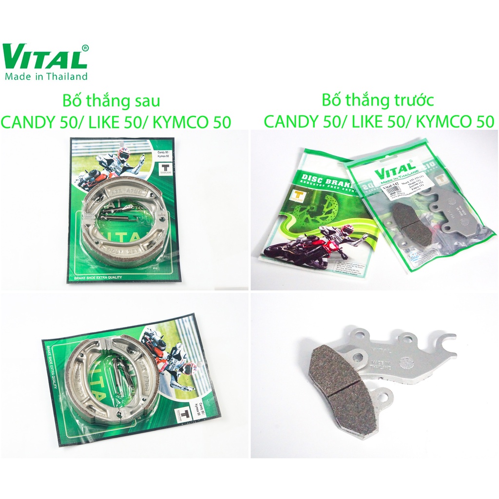 Bố thắng sau + trước CANDY 50, KYMCO 50 - Má phanh xe máy, bo thang đĩa, đùm VITAL chính hãng, Thái Lan