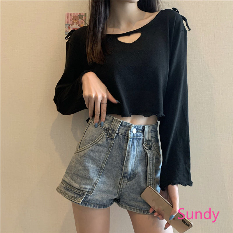 Áo Dệt Kim Tay Dài Phối Ren Phong Cách Hàn Quốc Thời Trang Nữ