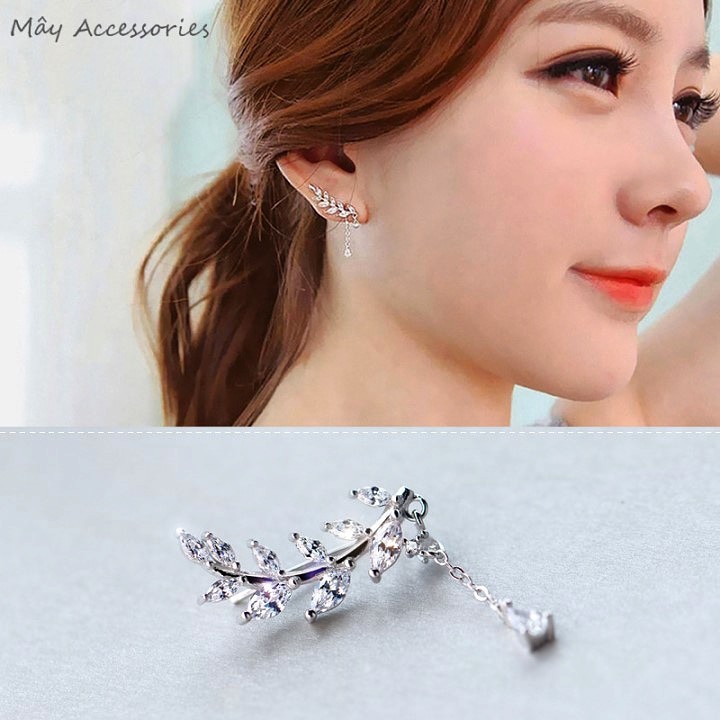 Khuyên kẹp vành tai bạc 925 cao cấp hình lá ô liu lớn đính đá zircon Mây Accessories