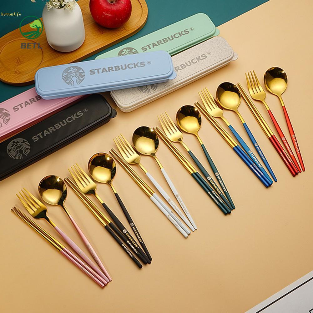 Bộ 1 Muỗng + 1 Nĩa + 1 Đôi Đũa Starbucks Bằng Thép Không Gỉ Dễ Vệ Sinh Cho Nhà Hàng / Khách Sạn / Quán Bar