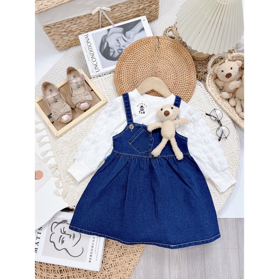 Đồ bộ bé gái, Set váy yếm bò kèm gấu và Áo xốp dài tay cổ tròn cực xinh cho bé từ 7 đến 18 kg, SUN KID'S