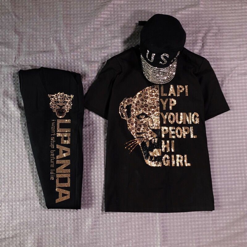 Set Áo Thun Ngắn Tay Và Quần Dài Đính Đá Thời Trang Dành Cho Nữ