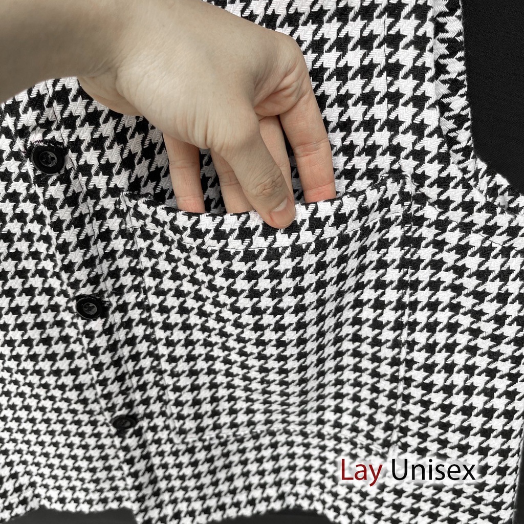 Áo Gile dạ tweed khoác ngoài họa tiết houndstooth form lửng