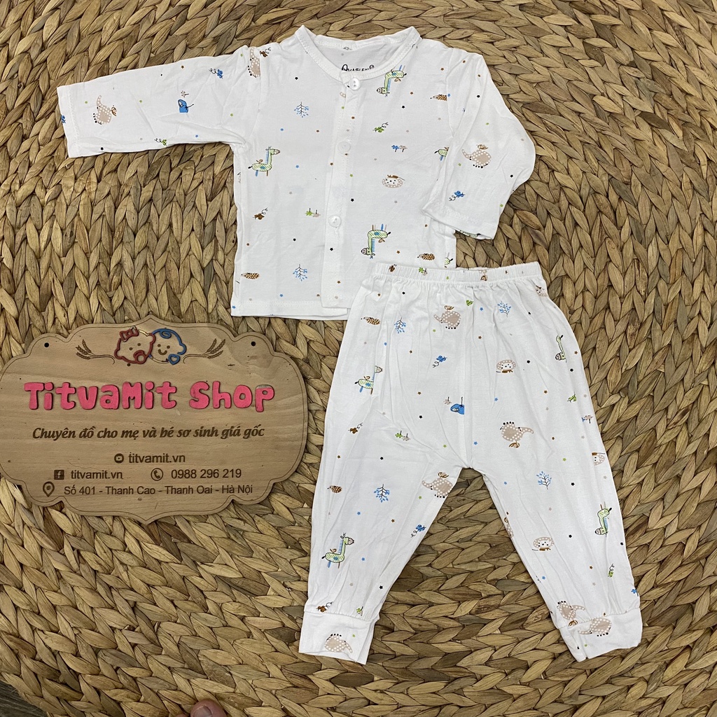 Bộ dài avalew peptit CÚC GIỮA trắng họa tiết, bộ dài tay cài giữa cho bé gái, bé trai