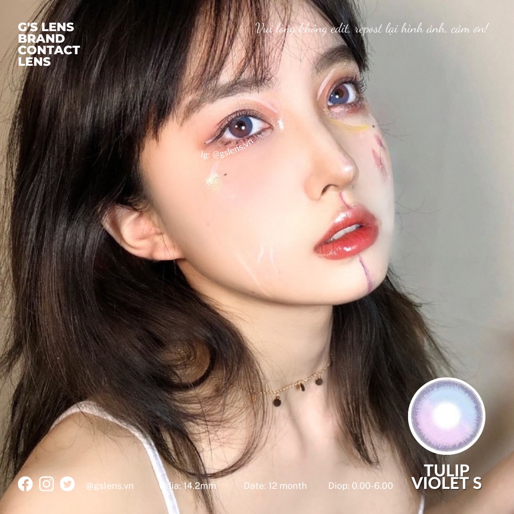 Lens Mắt Kính Áp Tròng Xanh Tím Lạ Mắt Tulip Violet Blue Giãn Ít Có Từ 0 Đến 6 Độ Lệch Độ Size S 14.2mm