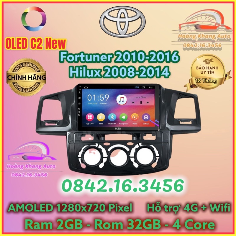 Màn hình Android OLED C2 New Theo Xe Fortuner 2010 - 2016 + Hilux 2008 - 2014, 9 inch điều hoà cơ kèm jack zin