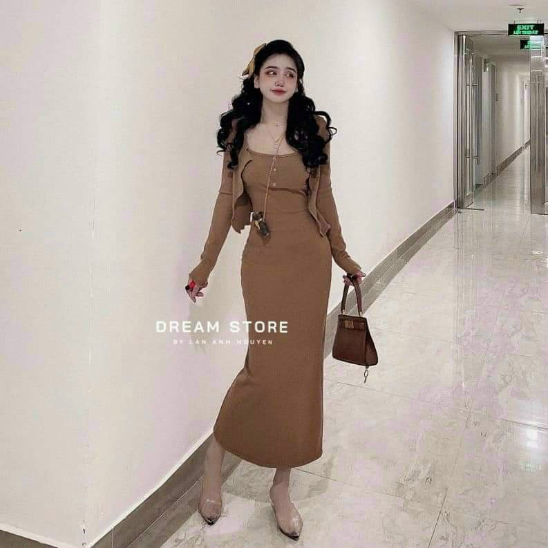 [Sale sốc 50%] Set 2 món đầm suông dáng dài siêu xinh, tôn dáng đẹp, phối kèm khoác ngoài dài tay ngắn tà